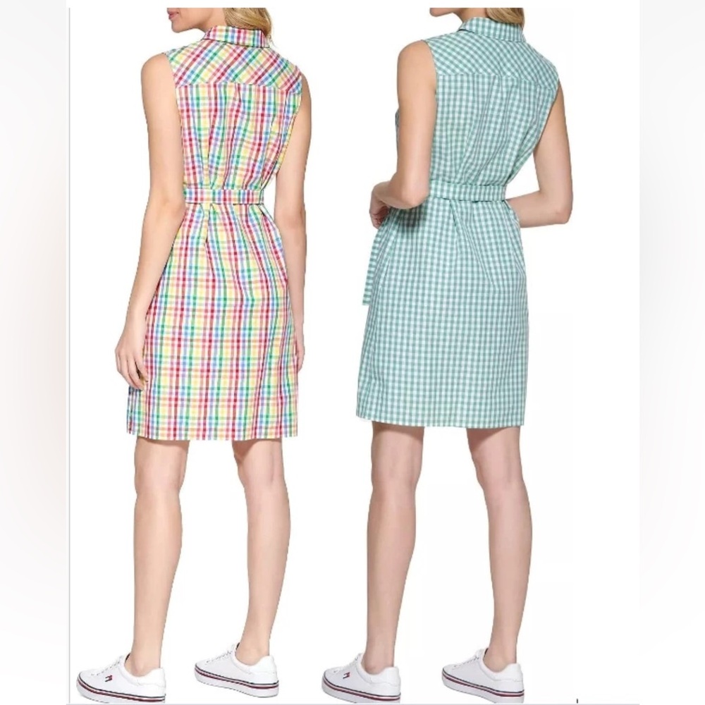 🌴TOMMY HILFIGER CHECKED BUTTON DOWN SLEEVELESS TIE FRONT SHIRT DRESS NWT - Picture 3 of 11